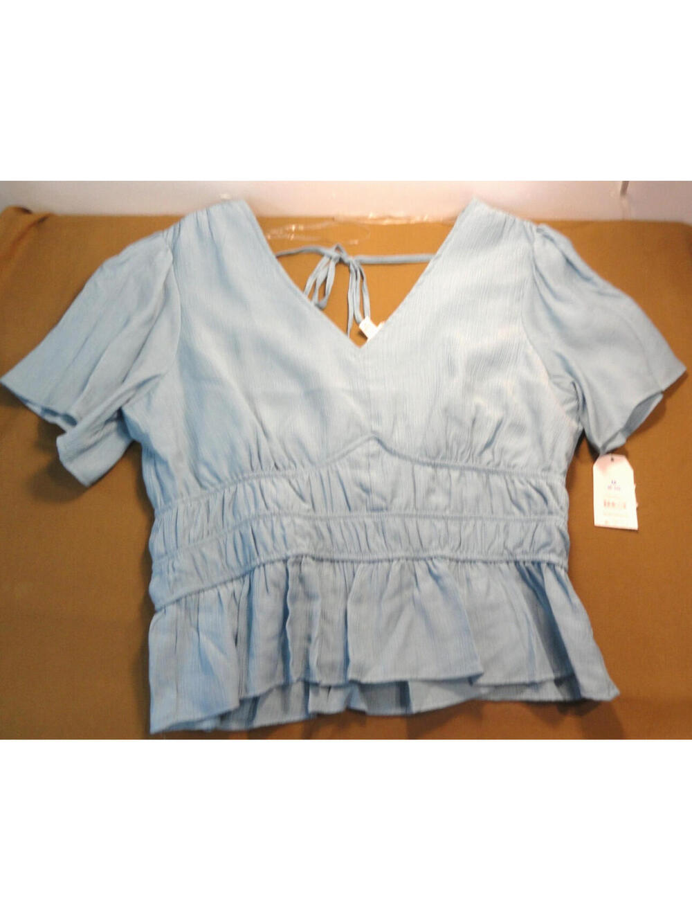 NEW BLUE Time & Tru Women's Cinched Waist Peplum Blouse Flutter Sleeves MEDIUM